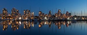Preview wallpaper buildings, lights, yachts, pier, reflection, city