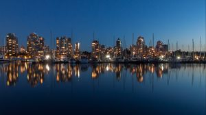 Preview wallpaper buildings, lights, yachts, pier, reflection, city