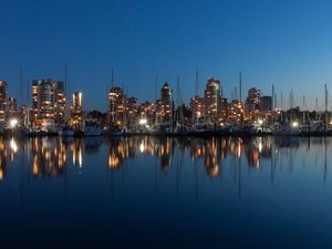 Preview wallpaper buildings, lights, yachts, pier, reflection, city