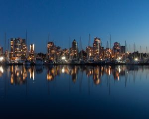 Preview wallpaper buildings, lights, yachts, pier, reflection, city