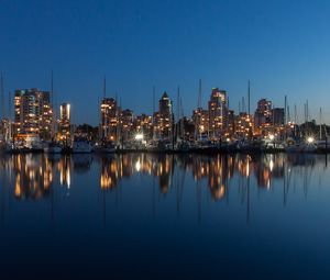 Preview wallpaper buildings, lights, yachts, pier, reflection, city