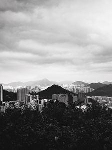 Preview wallpaper buildings, mountains, city, black and white, hong kong