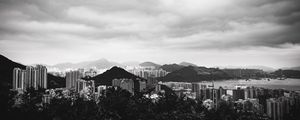 Preview wallpaper buildings, mountains, city, black and white, hong kong