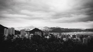 Preview wallpaper buildings, mountains, city, black and white, hong kong