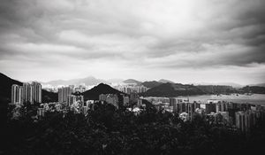 Preview wallpaper buildings, mountains, city, black and white, hong kong