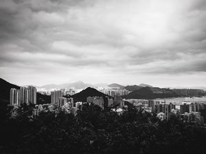 Preview wallpaper buildings, mountains, city, black and white, hong kong
