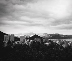 Preview wallpaper buildings, mountains, city, black and white, hong kong