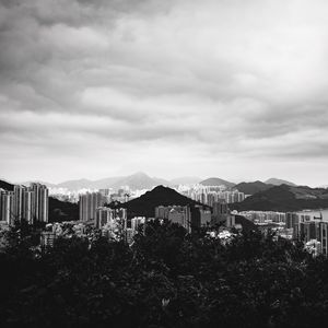 Preview wallpaper buildings, mountains, city, black and white, hong kong