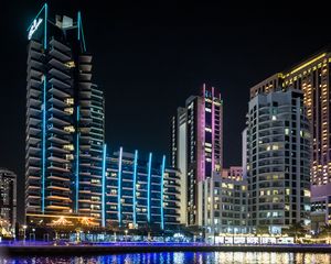Preview wallpaper buildings, neon, city, pool, lights, night