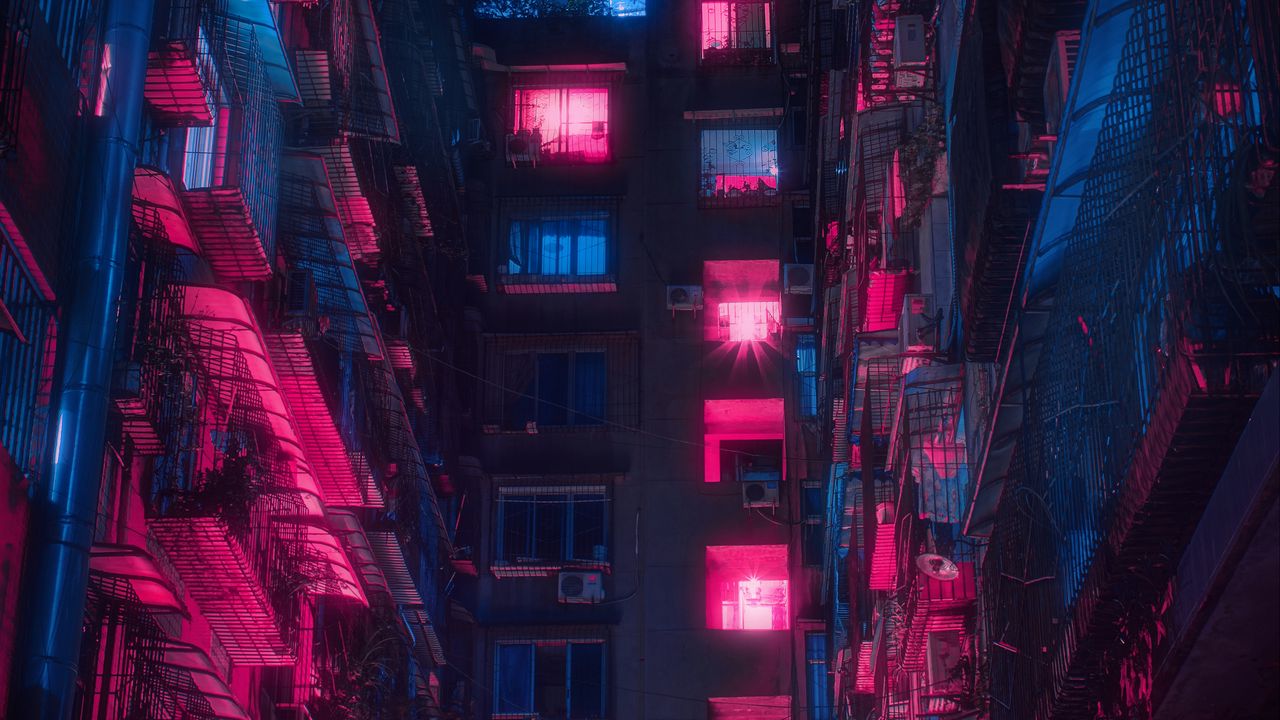 Wallpaper buildings, neon, light, architecture, night