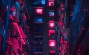 Preview wallpaper buildings, neon, light, architecture, night