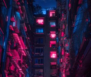 Preview wallpaper buildings, neon, light, architecture, night