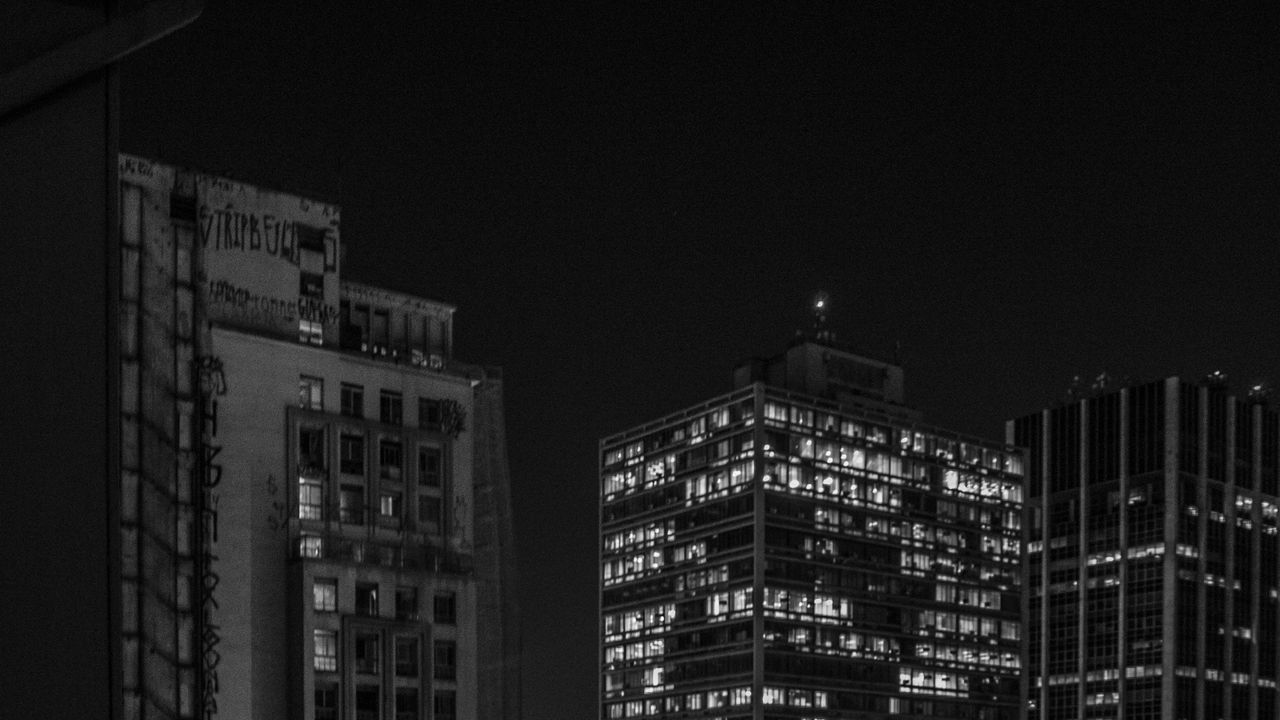Wallpaper buildings, night, city, lights, black and white
