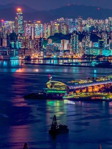 Preview wallpaper buildings, night city, architecture, coast, lights