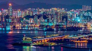 Preview wallpaper buildings, night city, architecture, coast, lights