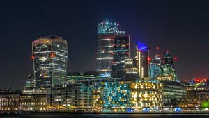 Preview wallpaper buildings, night city, lights, sea