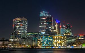Preview wallpaper buildings, night city, lights, sea