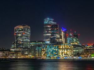 Preview wallpaper buildings, night city, lights, sea