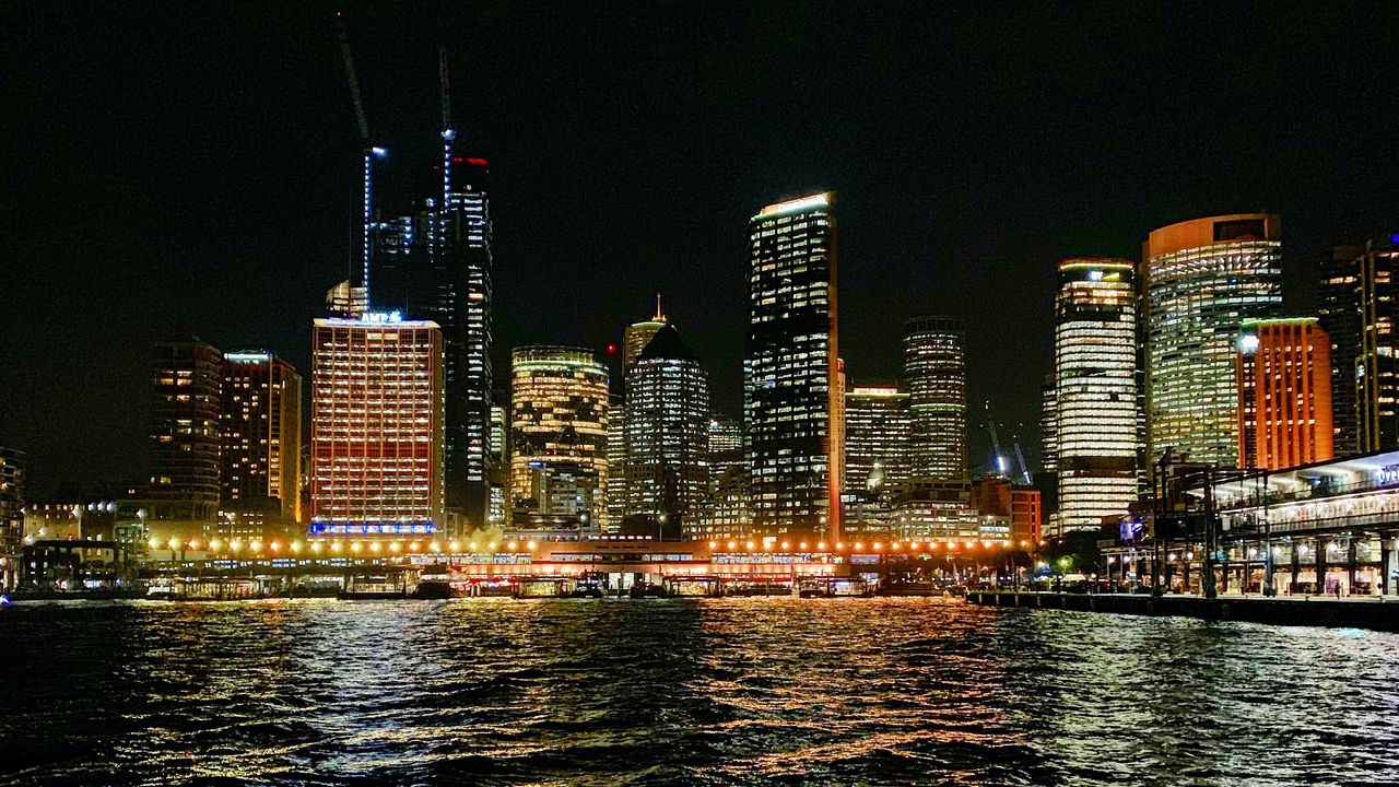 Wallpaper buildings, night city, river, lights