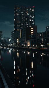 Preview wallpaper buildings, night city, river, tokyo