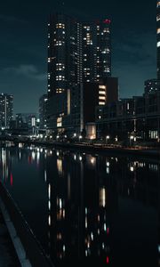 Preview wallpaper buildings, night city, river, tokyo