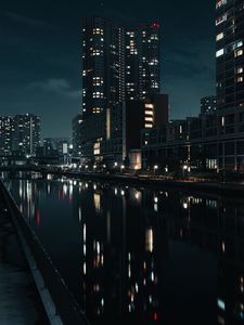 Preview wallpaper buildings, night city, river, tokyo