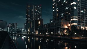 Preview wallpaper buildings, night city, river, tokyo