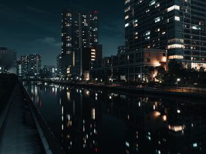 Preview wallpaper buildings, night city, river, tokyo