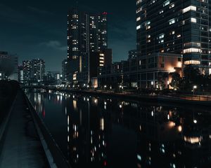 Preview wallpaper buildings, night city, river, tokyo