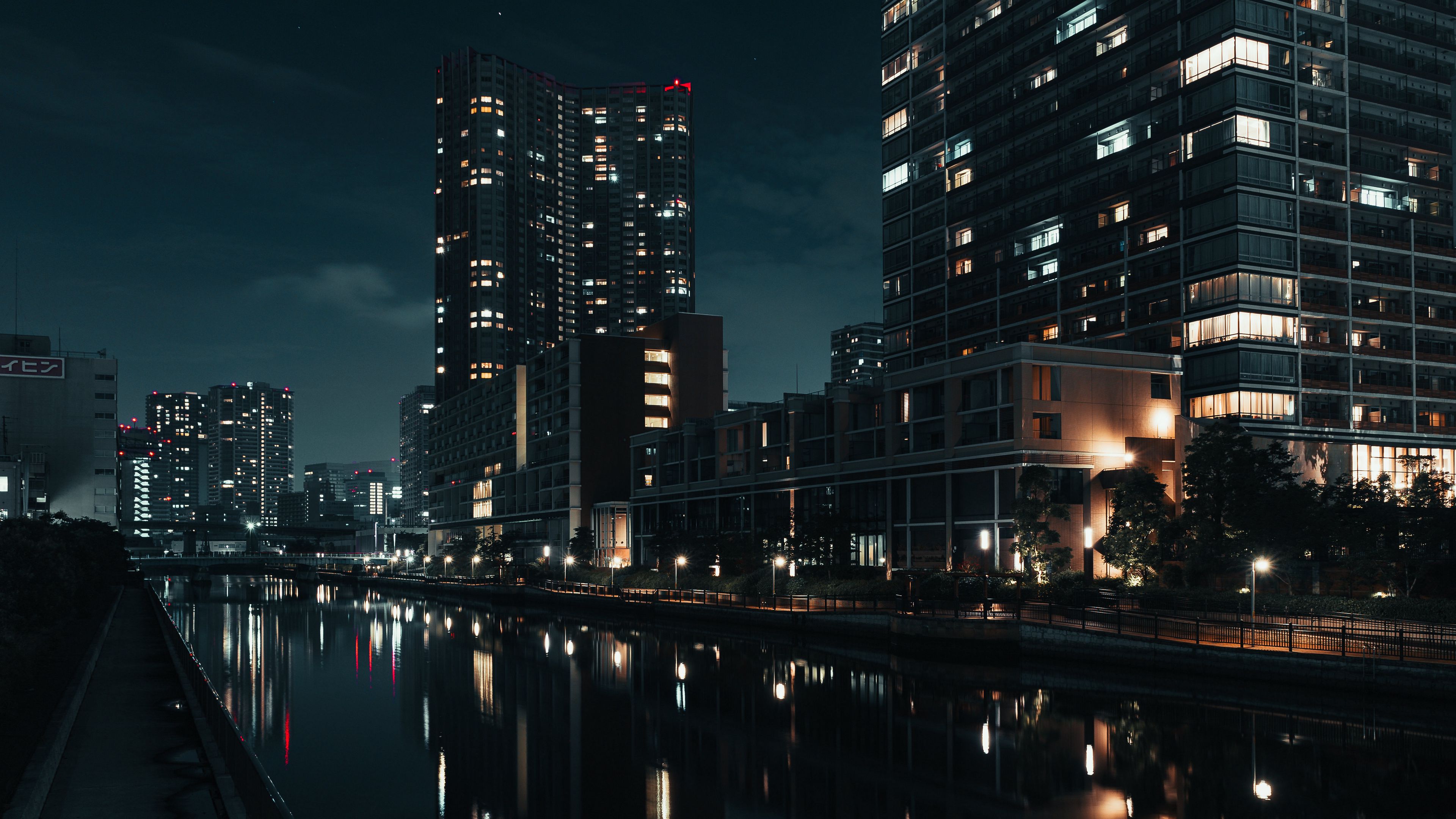 Download wallpaper 3840x2160 buildings, night city, river, tokyo 4k uhd  16:9 hd background