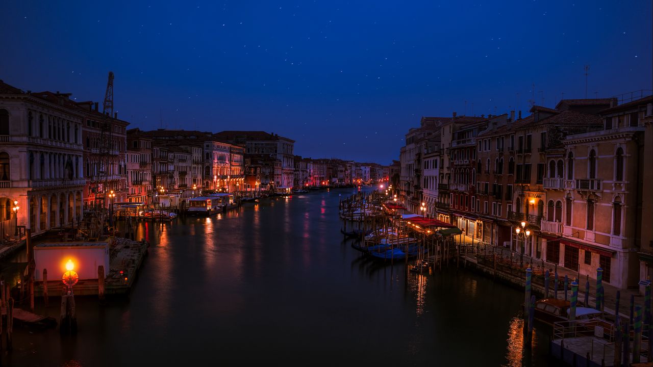 Wallpaper buildings, night city, river, lights, night