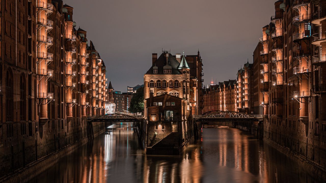 Wallpaper buildings, night city, river, reflection, lights