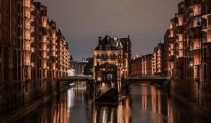 Preview wallpaper buildings, night city, river, reflection, lights