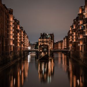 Preview wallpaper buildings, night city, river, reflection, lights