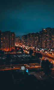 Preview wallpaper buildings, night city, road, lights, glow
