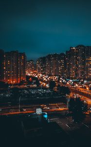 Preview wallpaper buildings, night city, road, lights, glow
