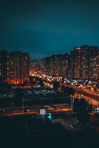 Preview wallpaper buildings, night city, road, lights, glow