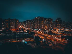 Preview wallpaper buildings, night city, road, lights, glow