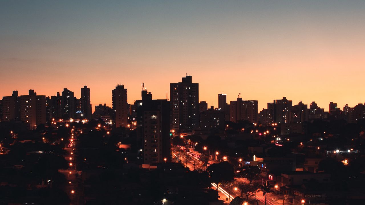 Wallpaper buildings, night city, road, long exposure