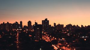 Preview wallpaper buildings, night city, road, long exposure