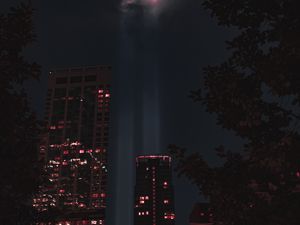 Preview wallpaper buildings, night, rays, light, city