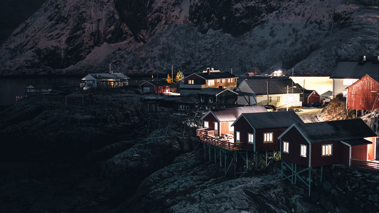 Wallpaper buildings, night, rocks, settlement