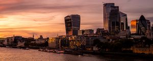 Preview wallpaper buildings, pier, boats, river, sunset