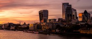 Preview wallpaper buildings, pier, boats, river, sunset