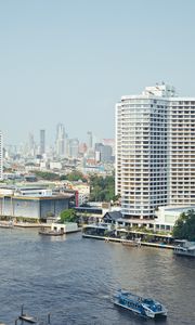 Preview wallpaper buildings, pier, river, ship, city