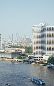 Preview wallpaper buildings, pier, river, ship, city