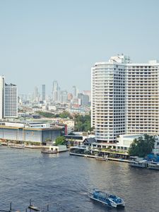 Preview wallpaper buildings, pier, river, ship, city