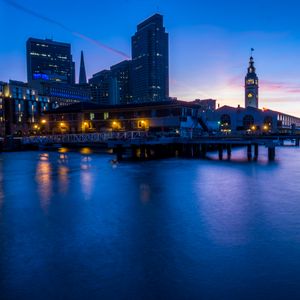 Preview wallpaper buildings, pier, sea, twilight, city