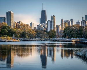 Preview wallpaper buildings, pond, reflection, city