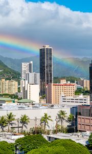 Preview wallpaper buildings, rainbow, trees, city